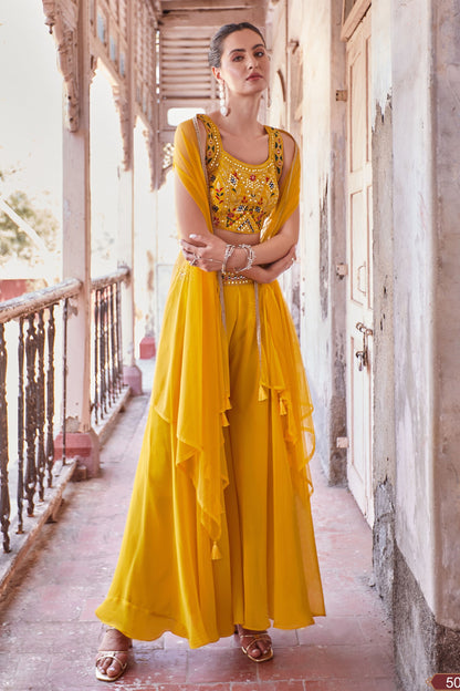 Yellow Georgette Sharara Choli For Indian Festivals & Weddings - Thread Embroidery Work, Hand Embellishment, Mirror Work