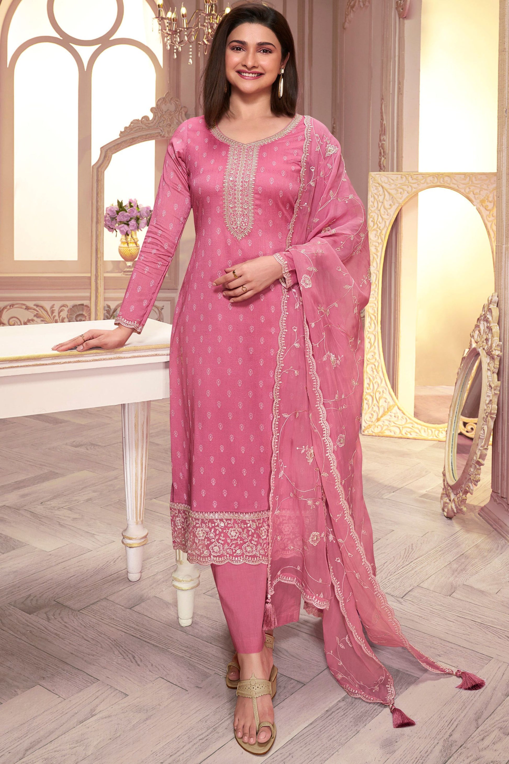 Pink Georgette Silk Kameez with Pant For Indian Suit Festivals & Pakistani Weddings - Embroidery