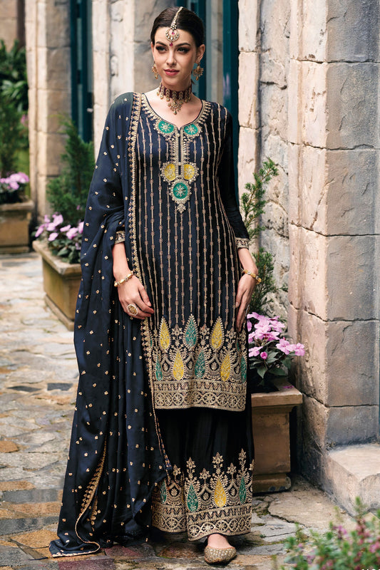 Navy Blue Chinon Silk Kameez with Plazzo And Dupatta For Indian Suit Festivals & Pakistani Weddings - Embroidery Work