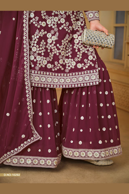 Maroon Georgette Sharara Suit For Indian Festivals & Pakistani Weddings - Thread Embroidery Work, Sequence Embroidery Work