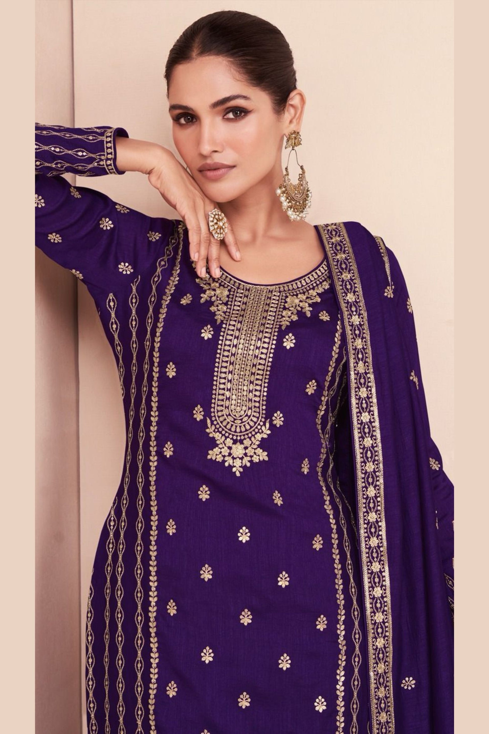 Blue Silk Kameez with Plazo And Dupatta For Indian Suit Festivals & Pakistani Weddings - Embroidery Work