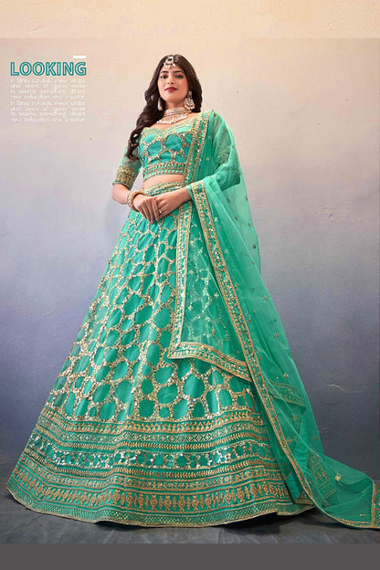 Green Net Lehenga Choli For Indian Festivals & Wedding - Sequence Embroidery Work