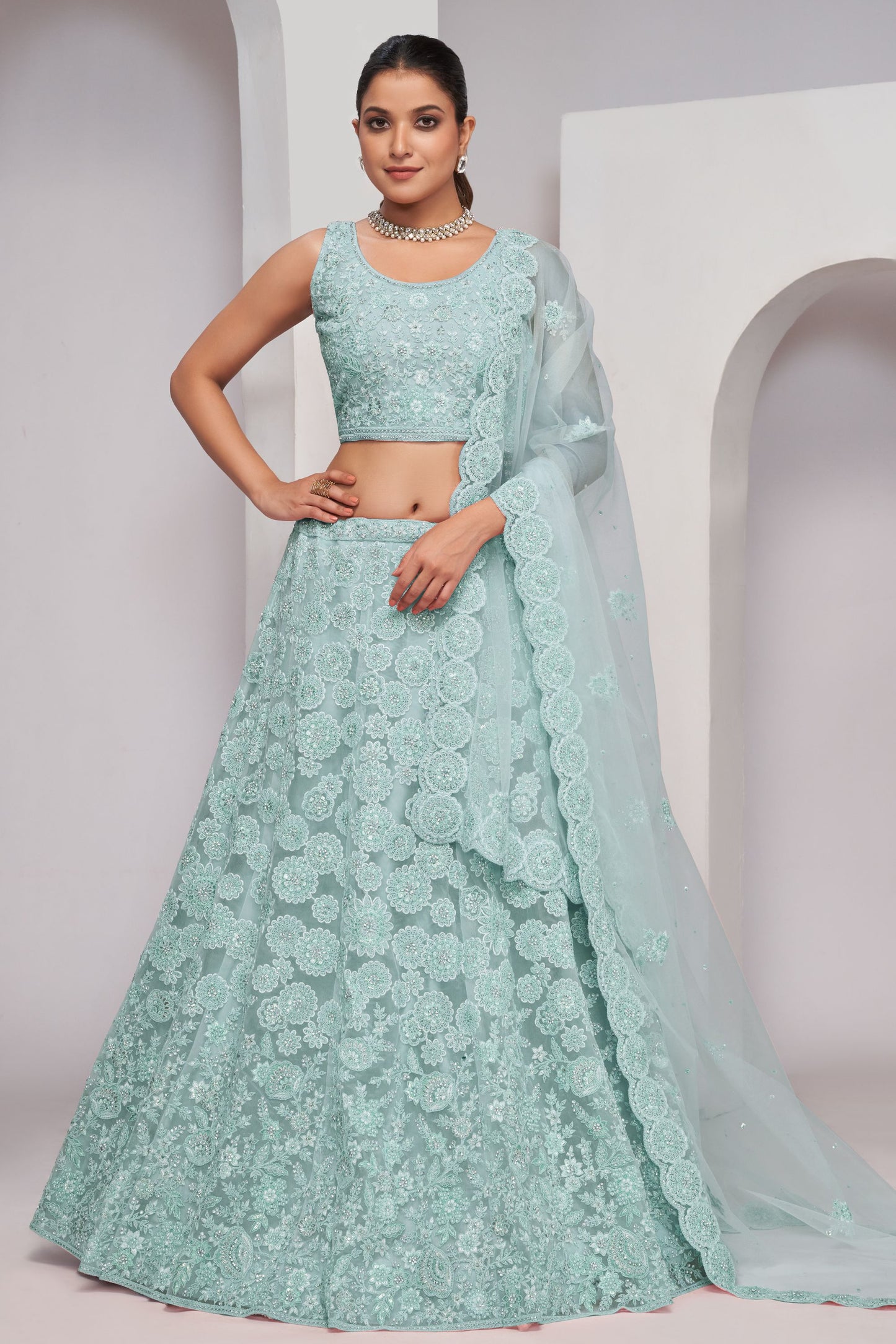 Light Blue Soft Net Lehenga Choli For Indian Festivals & Weddings - Sequins Work, Dori Work, Zarkan Work, Thread Work