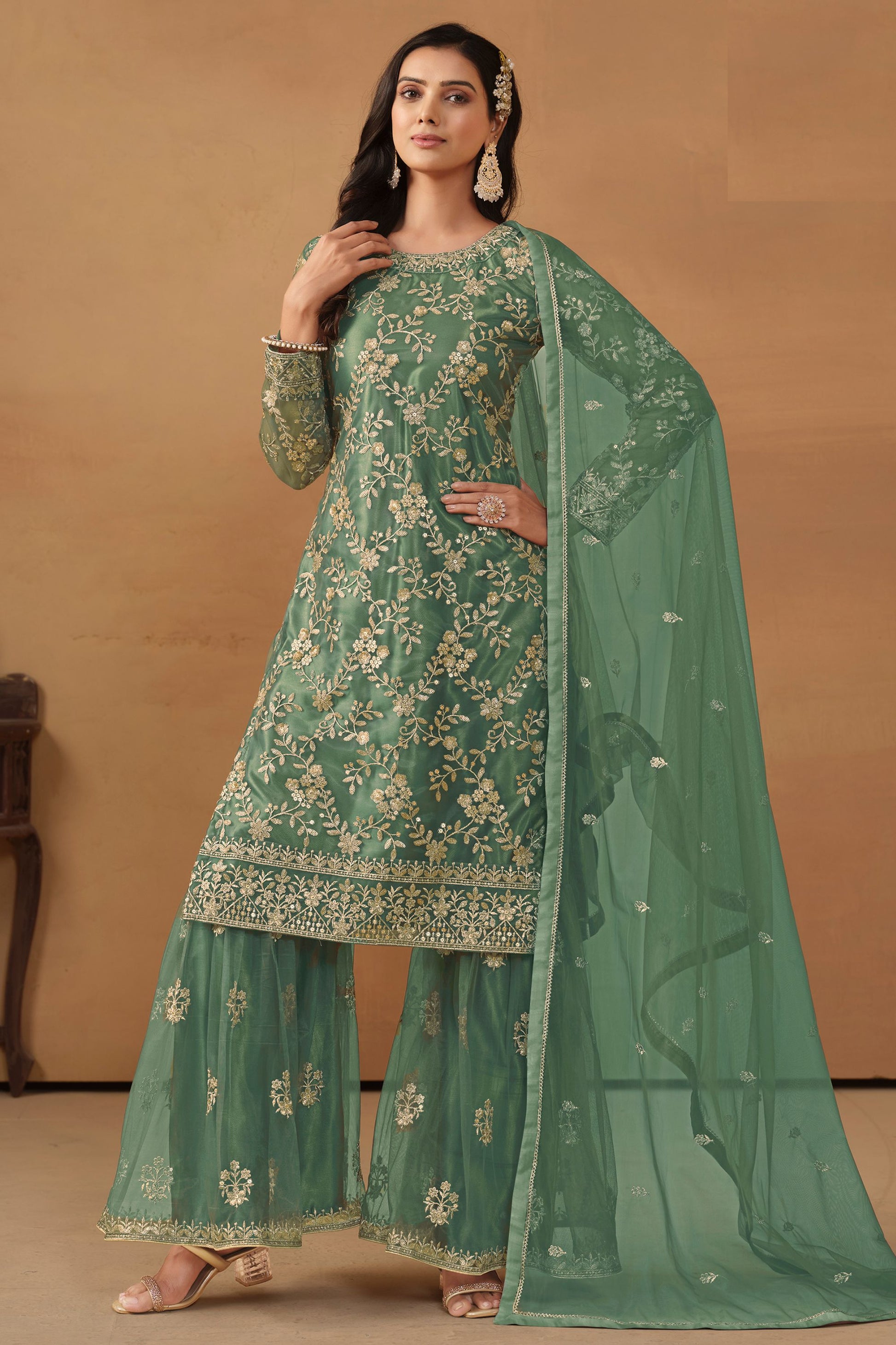 Green Net Sharara Suit Dress For Indian Festivals & Weddings - Thread & Sequence Embroidery Work