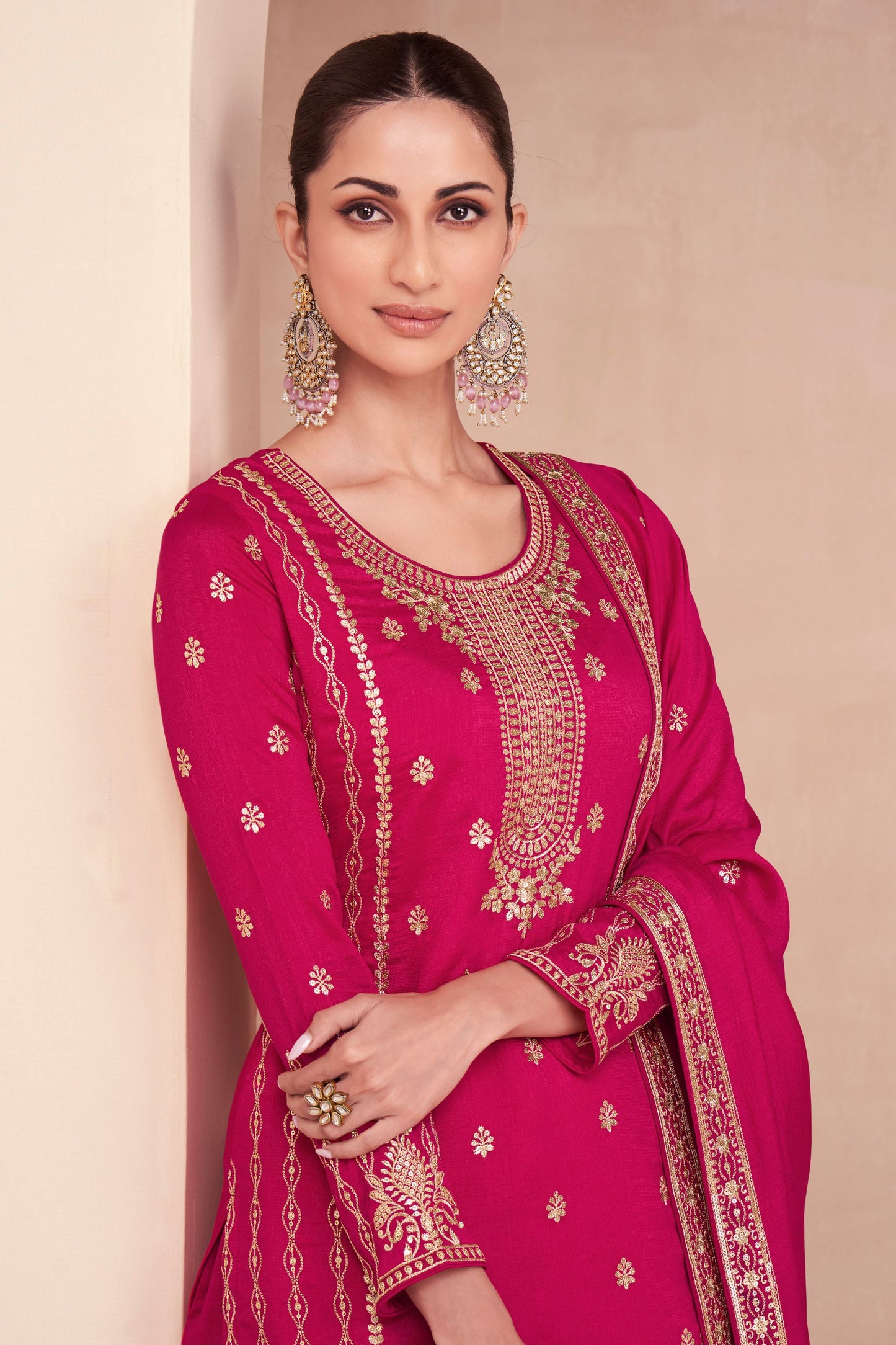 Red Silk Plazo Kameez Suit For Indian Wedding & Pakitani Festival - Embroidery Work