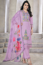 Lilac Viscose Silk Kameez with Pant Suit For Indian Festivals & Pakistani Weddings - Embroidery Work. Print Work