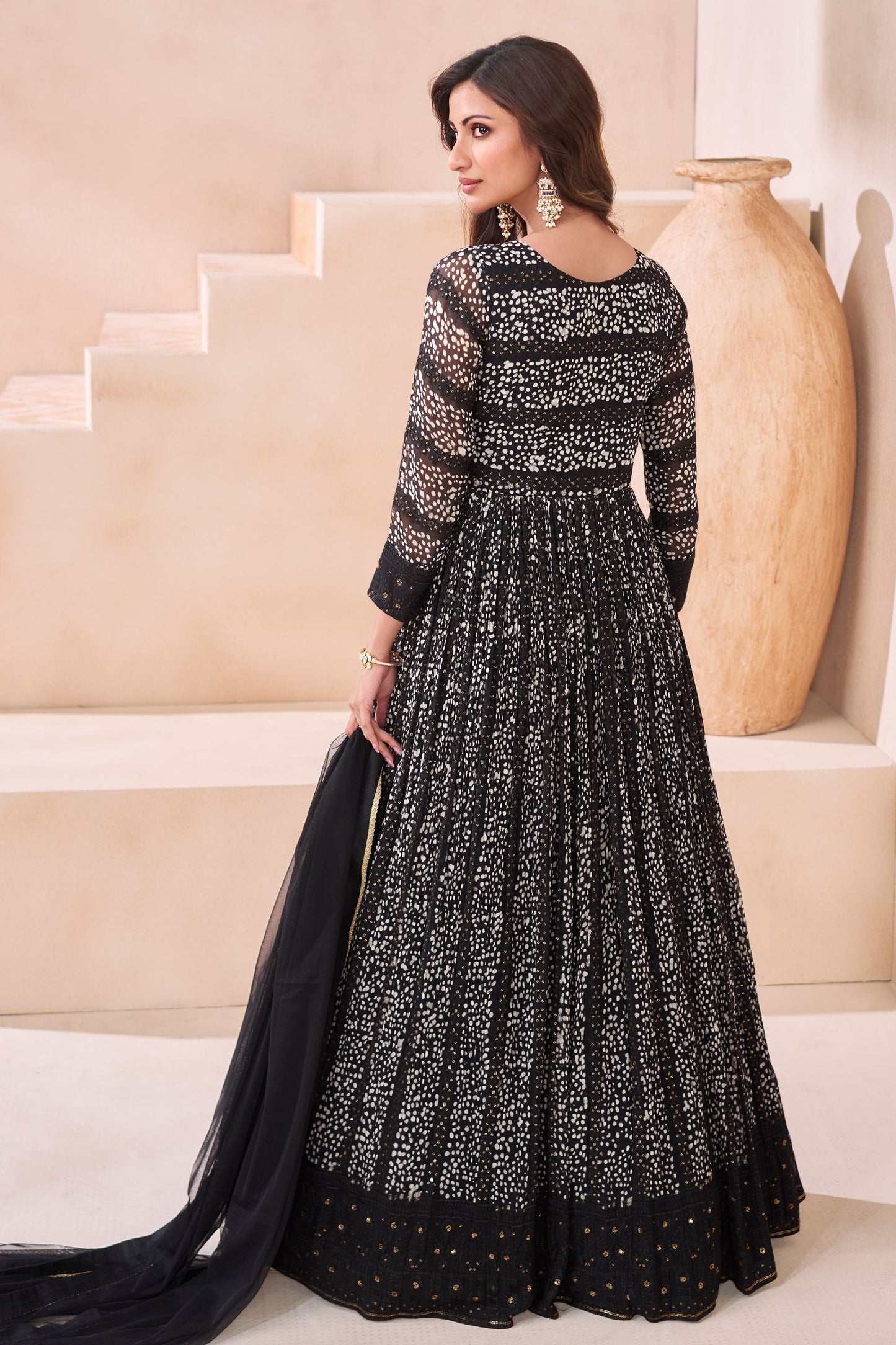 Black Georgette Floor Full Length Anarkali Suit Dress For Indian Festivals & Weddings - Embroidery Work