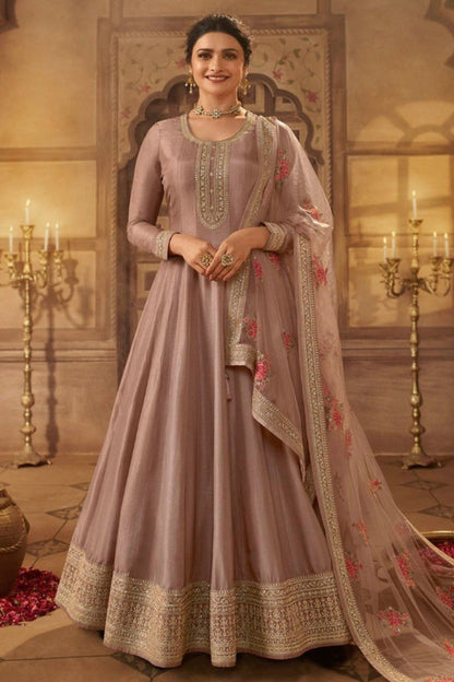 Copper Rose Color Dola Silk Full Floor Length Anarkali Suit For Indian Festivals & Pakistani Wedding - Embroidery Work