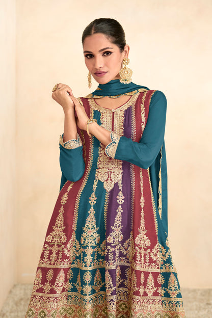 Brown Pakistani Chinon Plazo Suits For Indian Festivals & Weddings - Embroidery Work