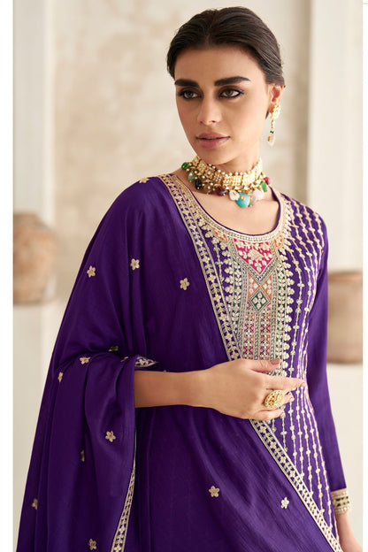 Purple Pakistani Silk Salwar Kameez with Pant For Indian Festivals & Weddings - Thread Embroidery Work