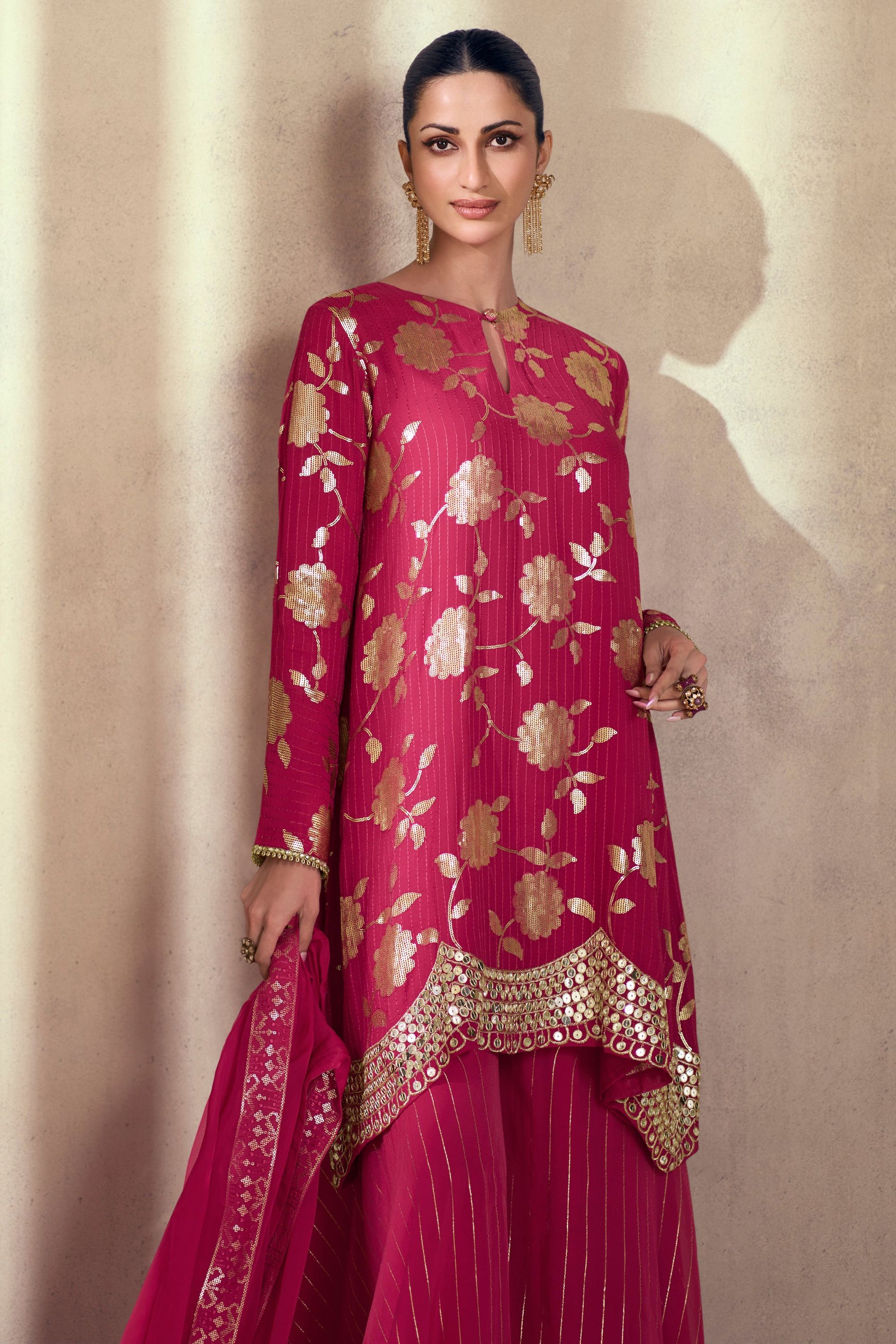 Rani Pink Georgette Plazo With Kameez For Indian Festivals & Pakistani Weddings - Embroidery Work