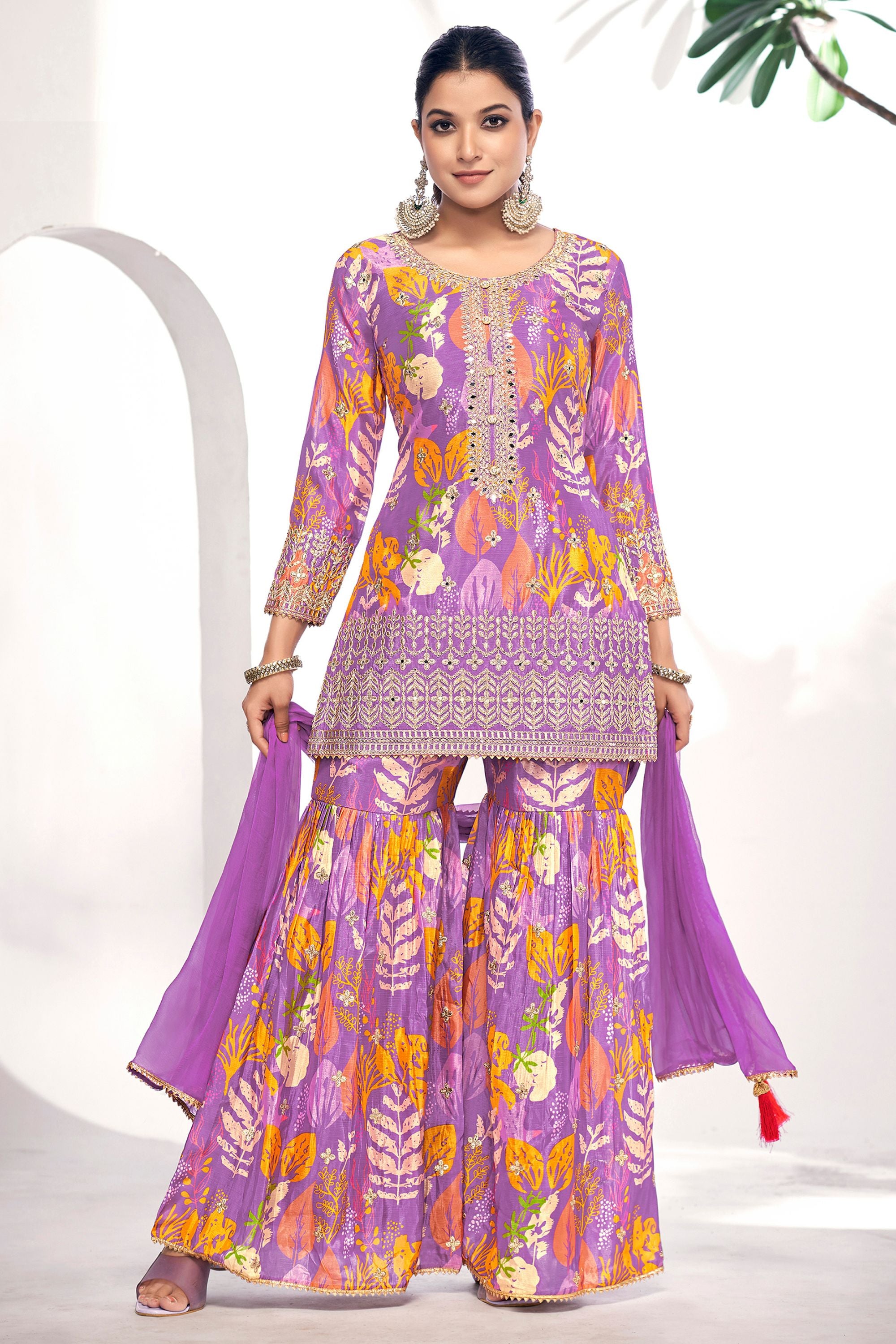 Purple Chinon Silk Sharara Suits Dress for Indian Festival & Pakistani Wedding - Thread & Sequence Embroidery Work, Zari Work, Stone & Mirror Work, Print Work