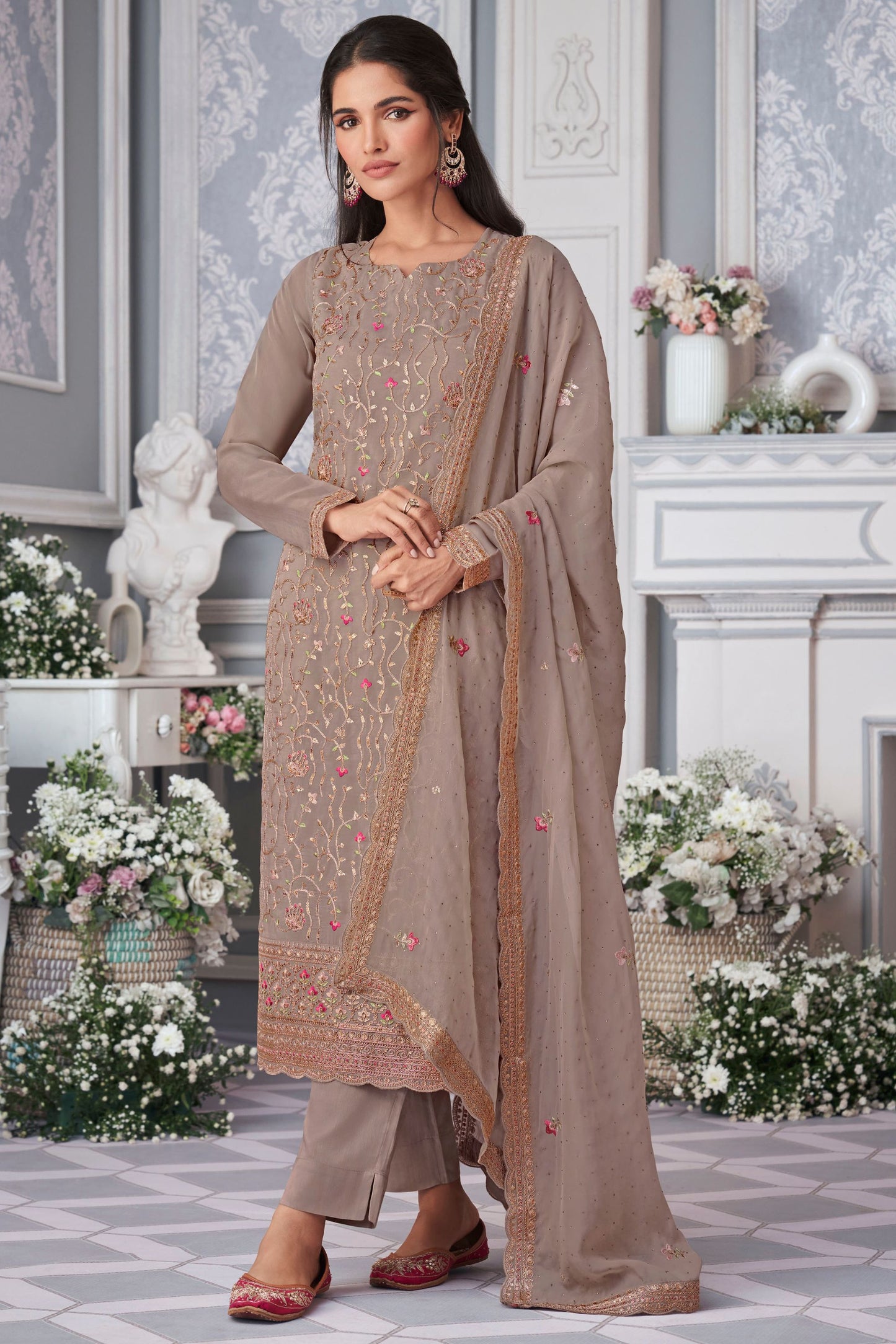 Beige Organza Silk Kameez with Pant For Indian Suit Festivals & Pakistani Weddings - Embroidery Work