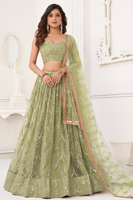 Olive Net Embroidered Lehenga Choli For Indian Festival & Weddings - Embroidery Work