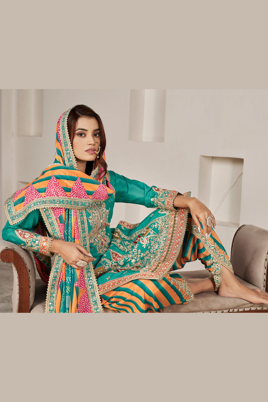 Green Chinon Silk Salwar Kameez with Dhoti Tulip for Indian Festival & Pakistani Wedding - Sequence Embroidery Work, Dori Work, Print Work, Mirror Work