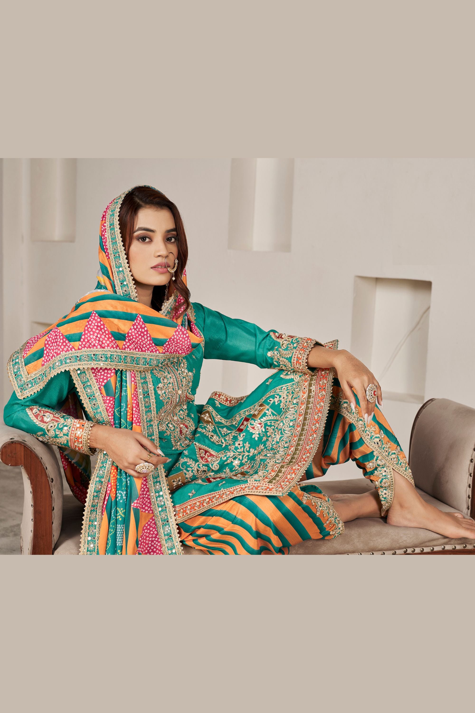 Green Chinon Silk Salwar Kameez with Dhoti Tulip for Indian Festival & Pakistani Wedding - Sequence Embroidery Work, Dori Work, Print Work, Mirror Work