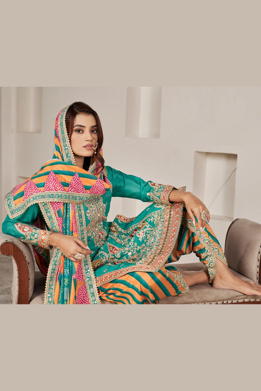 Green Chinon Silk Salwar Kameez with Dhoti Tulip for Indian Festival & Pakistani Wedding - Sequence Embroidery Work, Dori Work, Print Work, Mirror Work