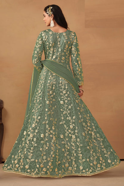 Green Net Full Floor Length Anarkali Dress with Front Slit For Indian Festivals & Weddings - Thread & Sequence Embroidery Work