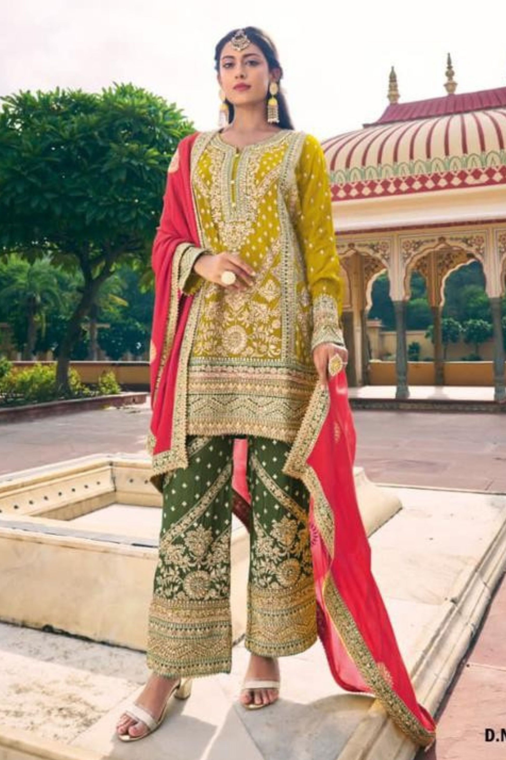 Mustard Chinon Silk Salwar Kameez Suit For Indian Festivals & Weddings - Embroidery Work