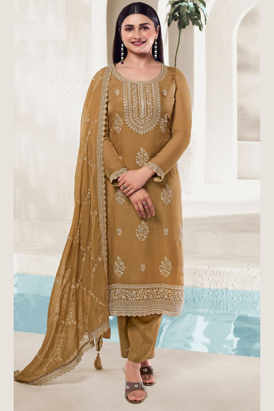 Solid Mustard Organza Kameez with Pant For Indian Suit Festivals & Weddings - Thread Embroidery Work