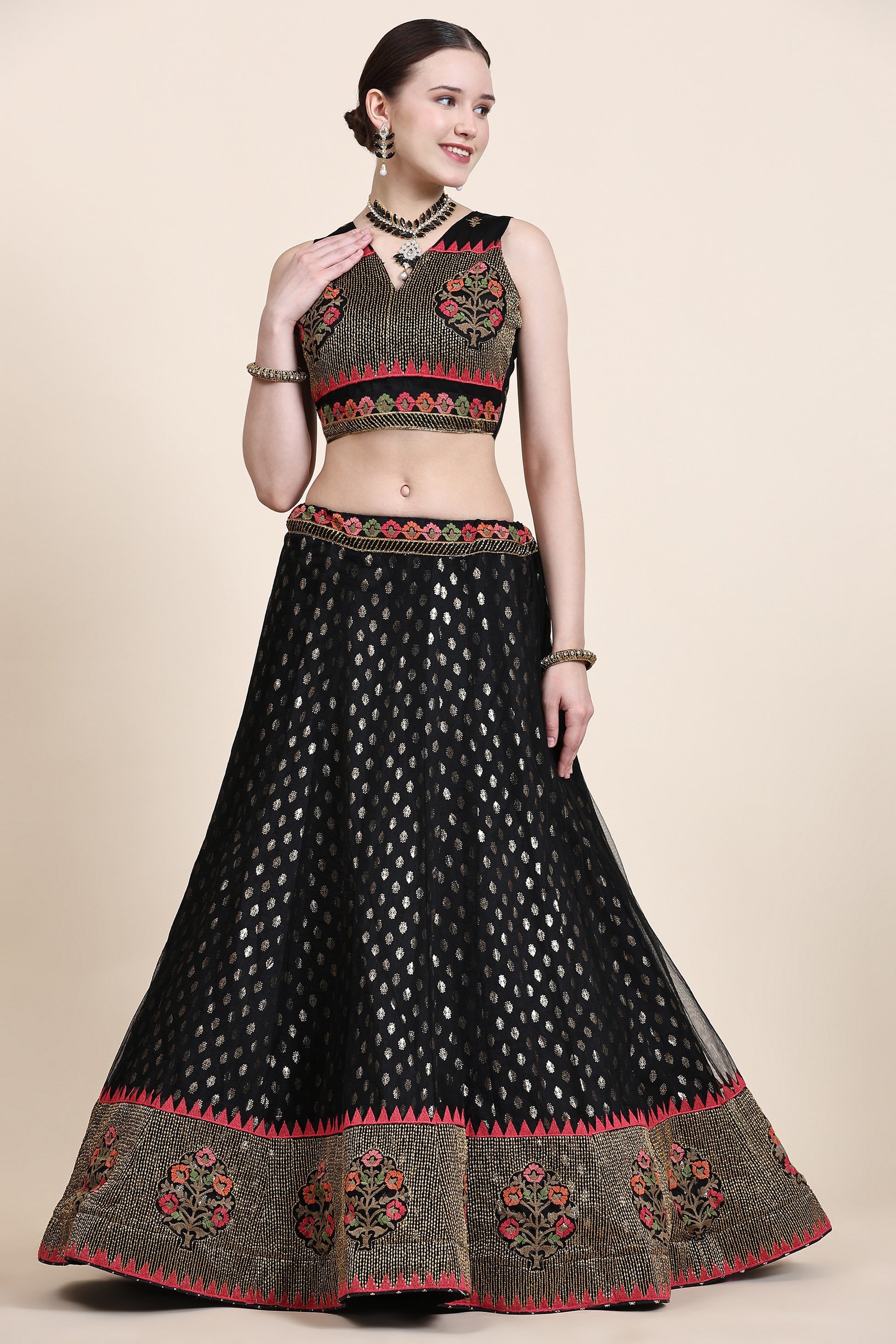 Black Net Lehenga Choli For Indian Festivals & Wedding - Thread Embroidery Work