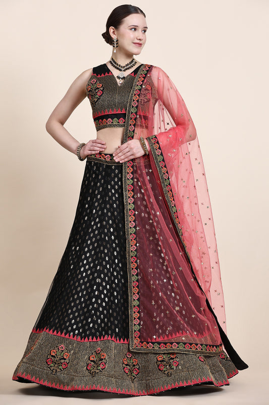 Black Net Lehenga Choli For Indian Festivals & Wedding - Thread Embroidery Work