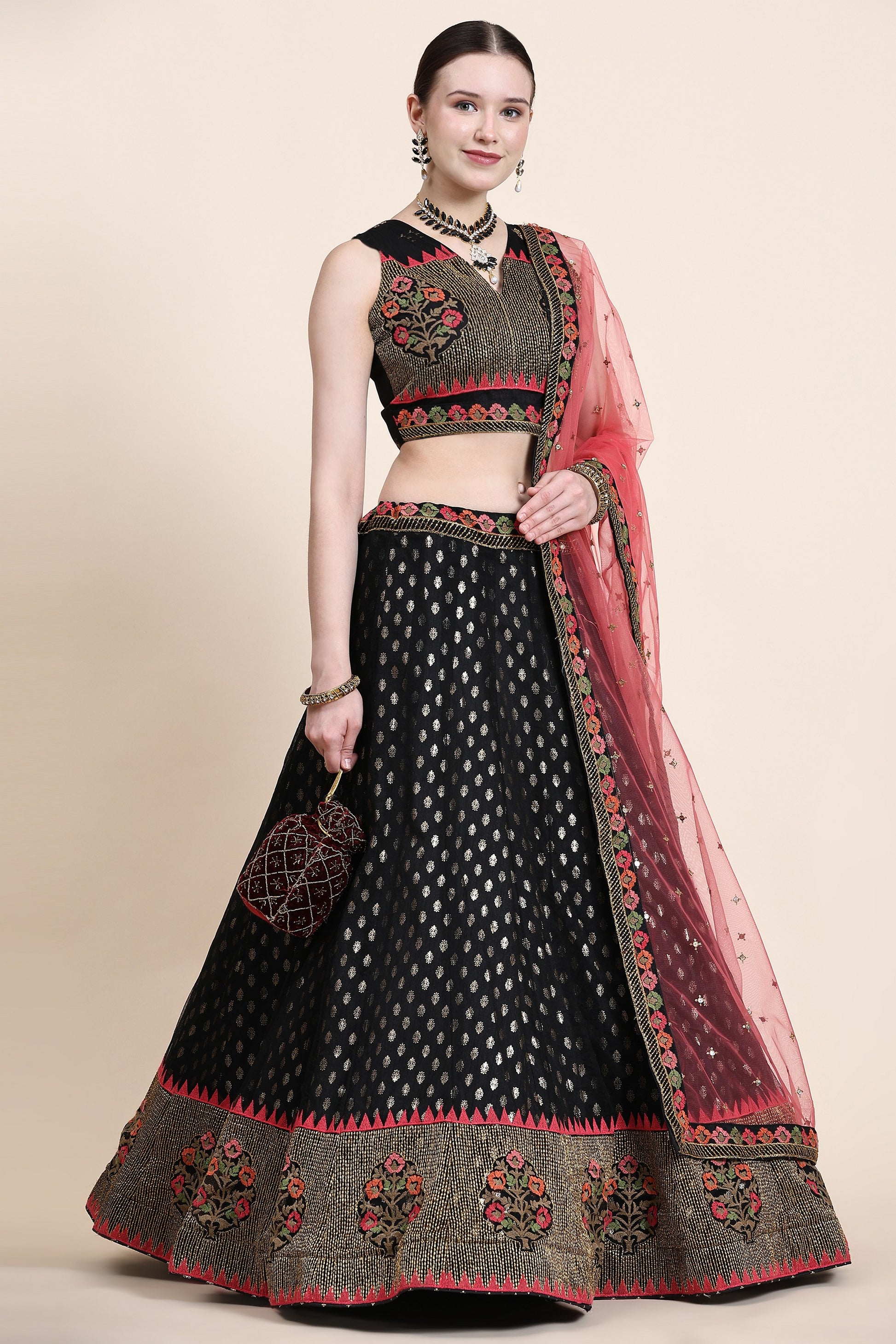 Black Net Lehenga Choli For Indian Festivals & Wedding - Thread Embroidery Work