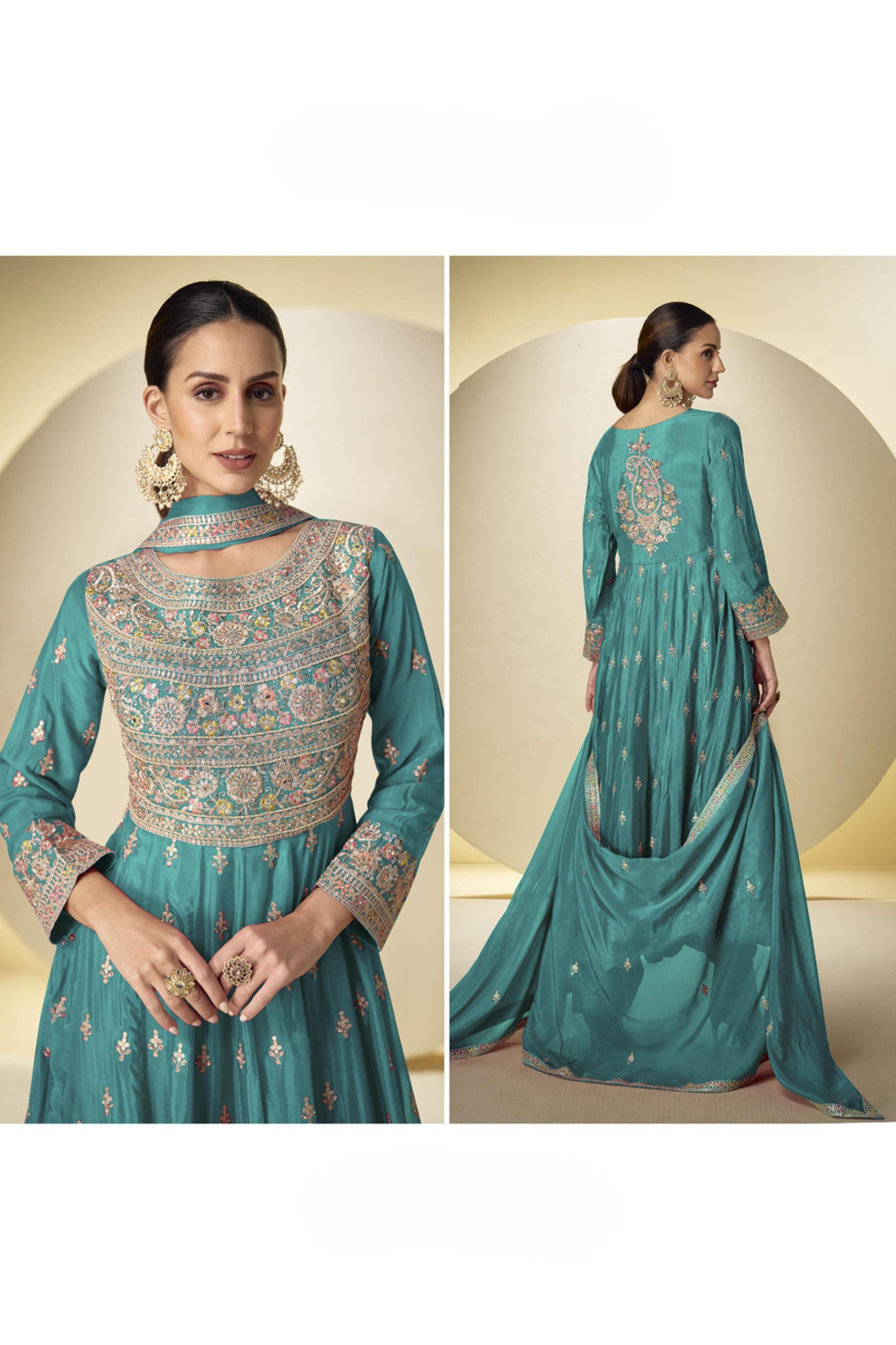 Teal Chinon Silk Kameez With Pant For Indian & Pakistani Wedding Festival - Sequins & Thread Embroidery Work