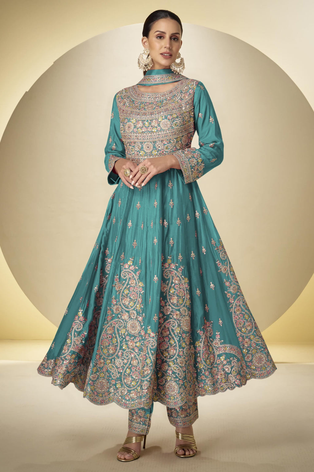 Teal Chinon Silk Kameez With Pant For Indian & Pakistani Wedding Festival - Sequins & Thread Embroidery Work