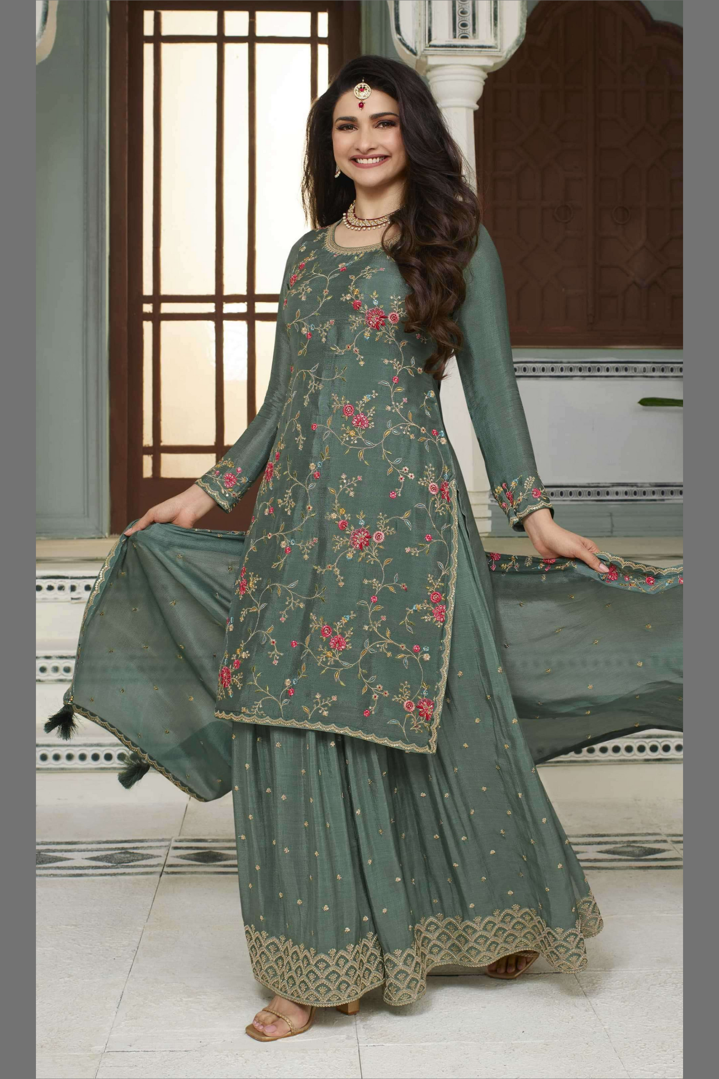 Teal Chinon Silk Floral Plazo Suit For Indian Festivals & Pakistani Weddings Dress - Embroidery Work