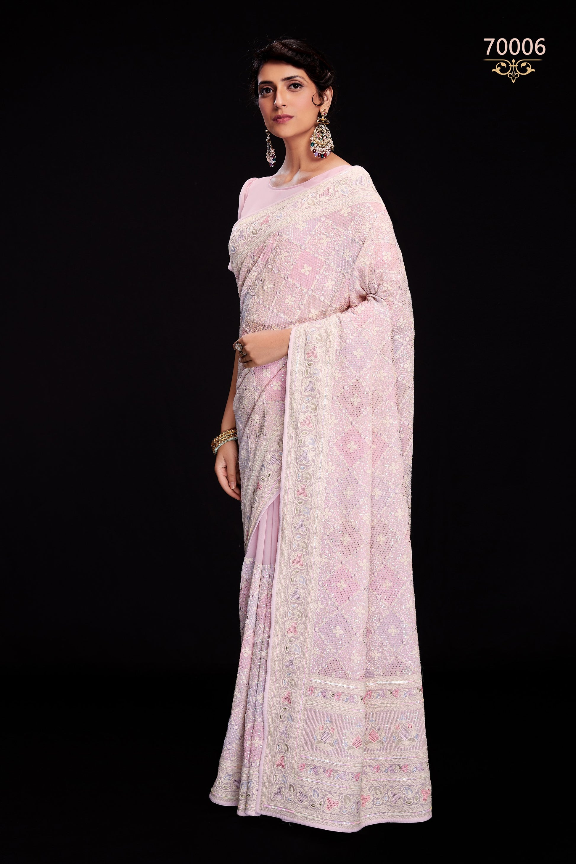 Pink Indian Georgette Saree For Indian Festivals & Weddings - Sequence Embroidery Work, Lucknowi Work