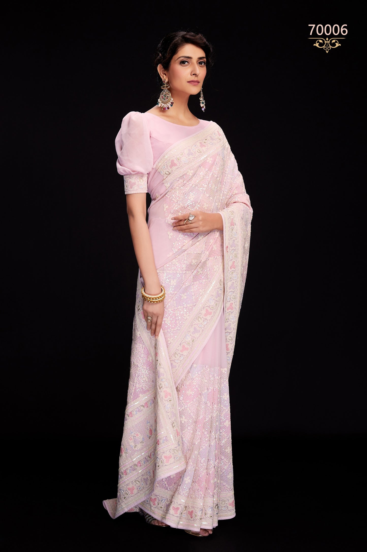 Pink Indian Georgette Saree For Indian Festivals & Weddings - Sequence Embroidery Work, Lucknowi Work