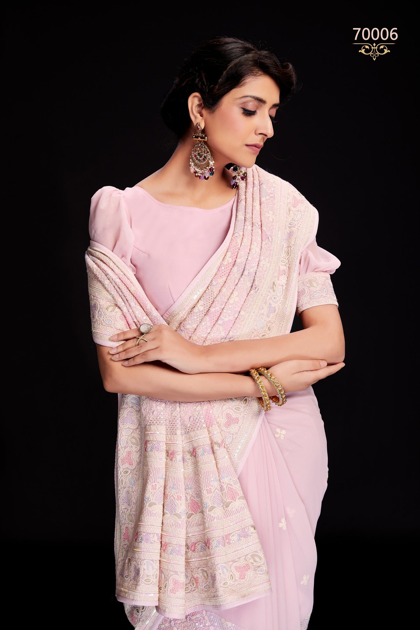 Pink Indian Georgette Saree For Indian Festivals & Weddings - Sequence Embroidery Work, Lucknowi Work