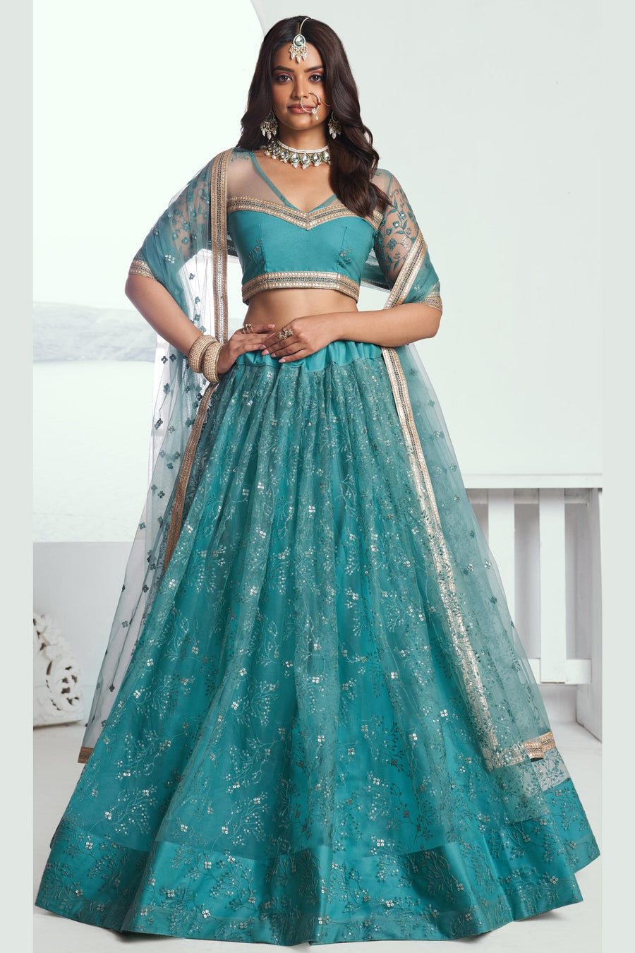 Teal Net Lehenga Choli For Indian & Pakistani Wedding Festival - Sequins & Thread Embroidery Work