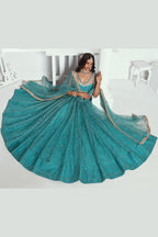 Teal Net Lehenga Choli For Indian & Pakistani Wedding Festival - Sequins & Thread Embroidery Work