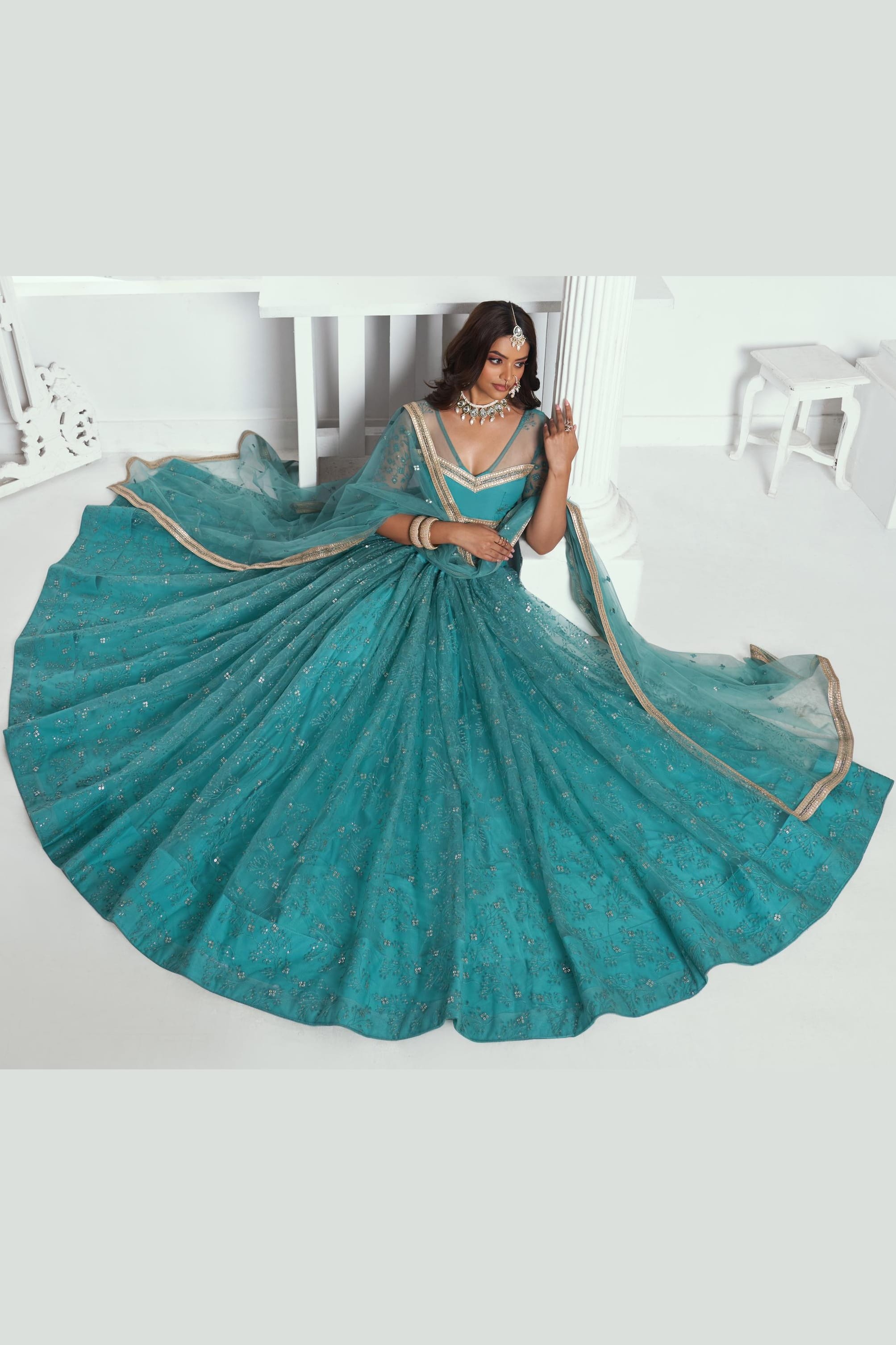 Teal Net Lehenga Choli For Indian & Pakistani Wedding Festival - Sequins & Thread Embroidery Work