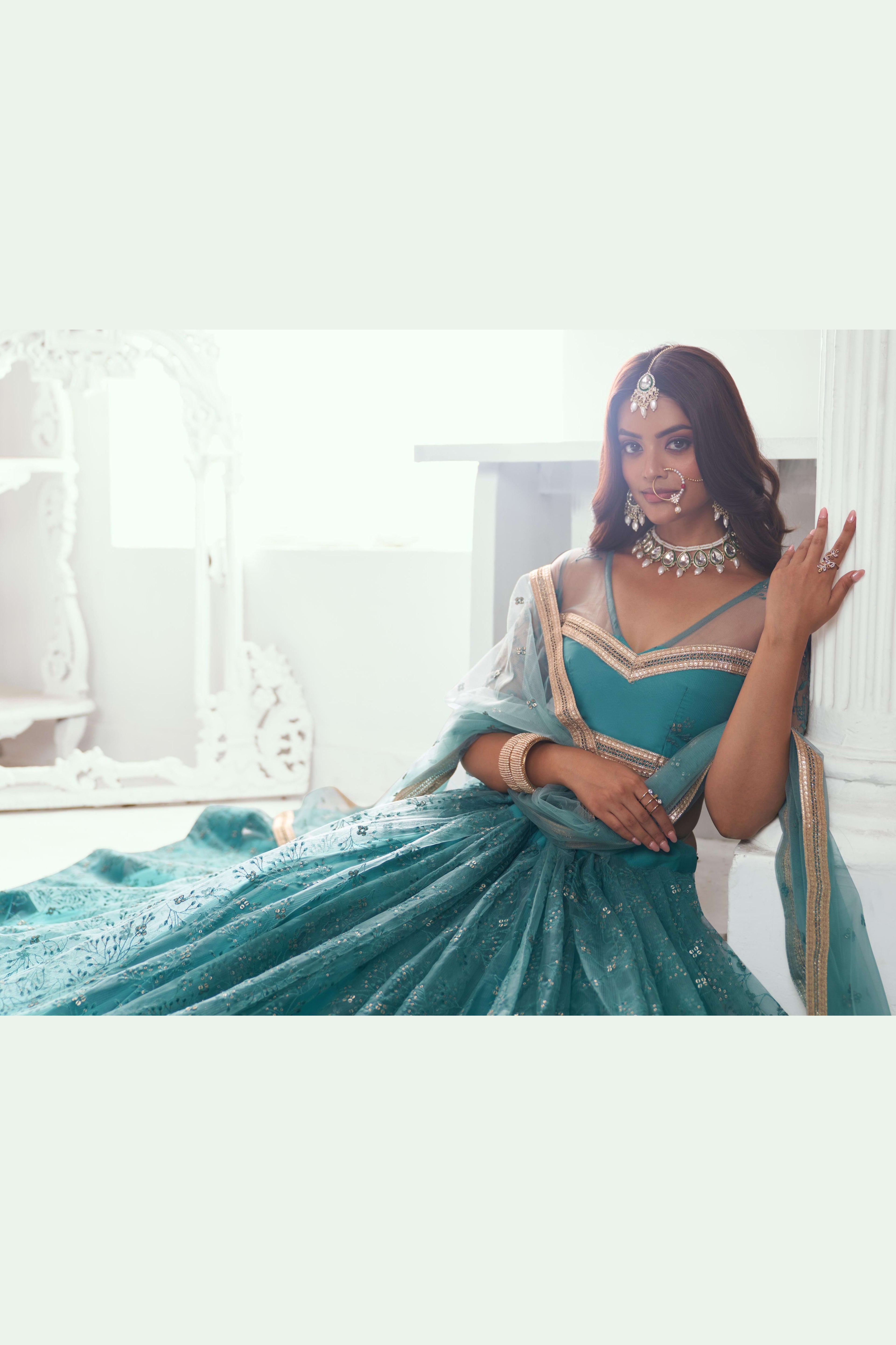 Teal Net Lehenga Choli For Indian & Pakistani Wedding Festival - Sequins & Thread Embroidery Work