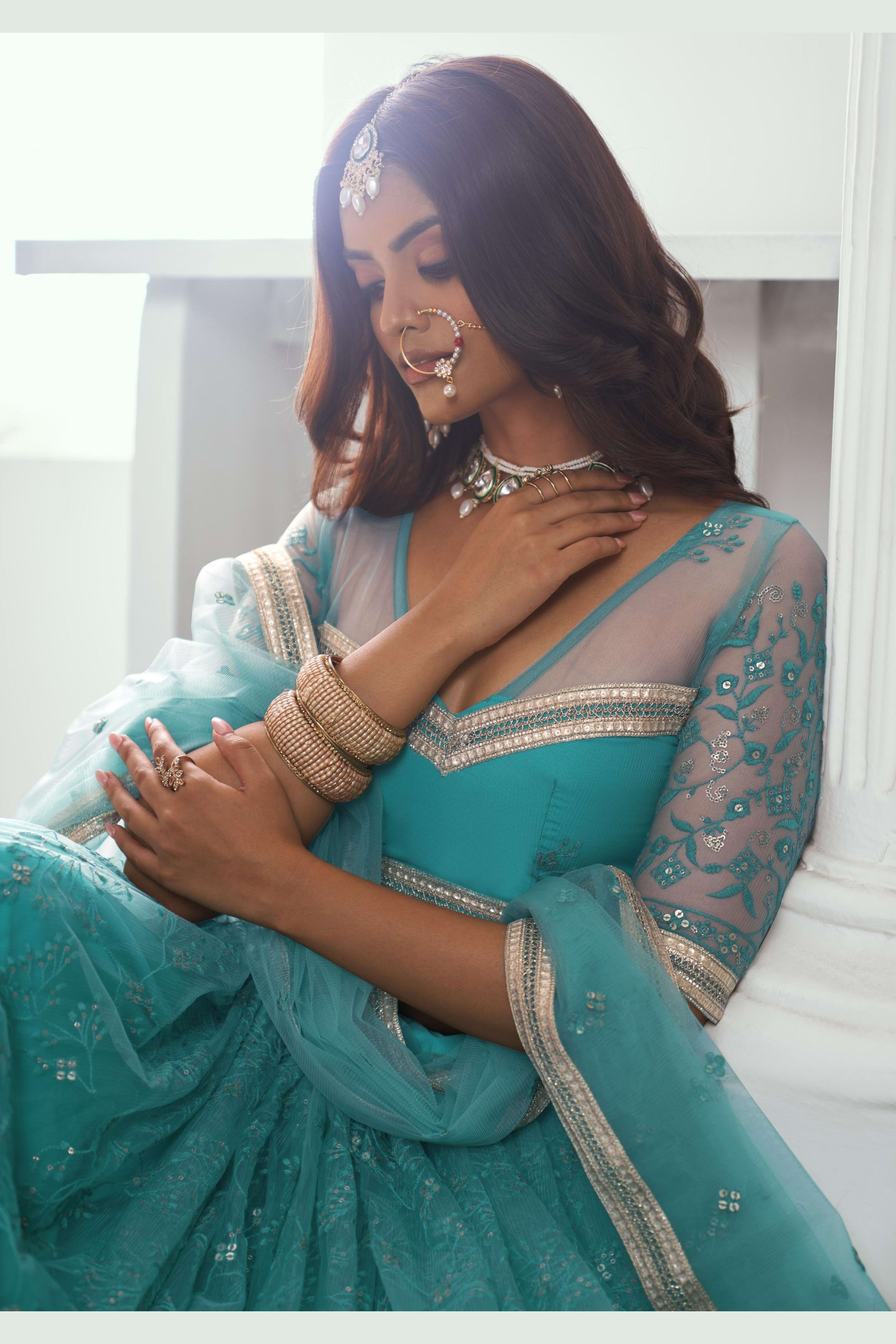 Teal Net Lehenga Choli For Indian & Pakistani Wedding Festival - Sequins & Thread Embroidery Work