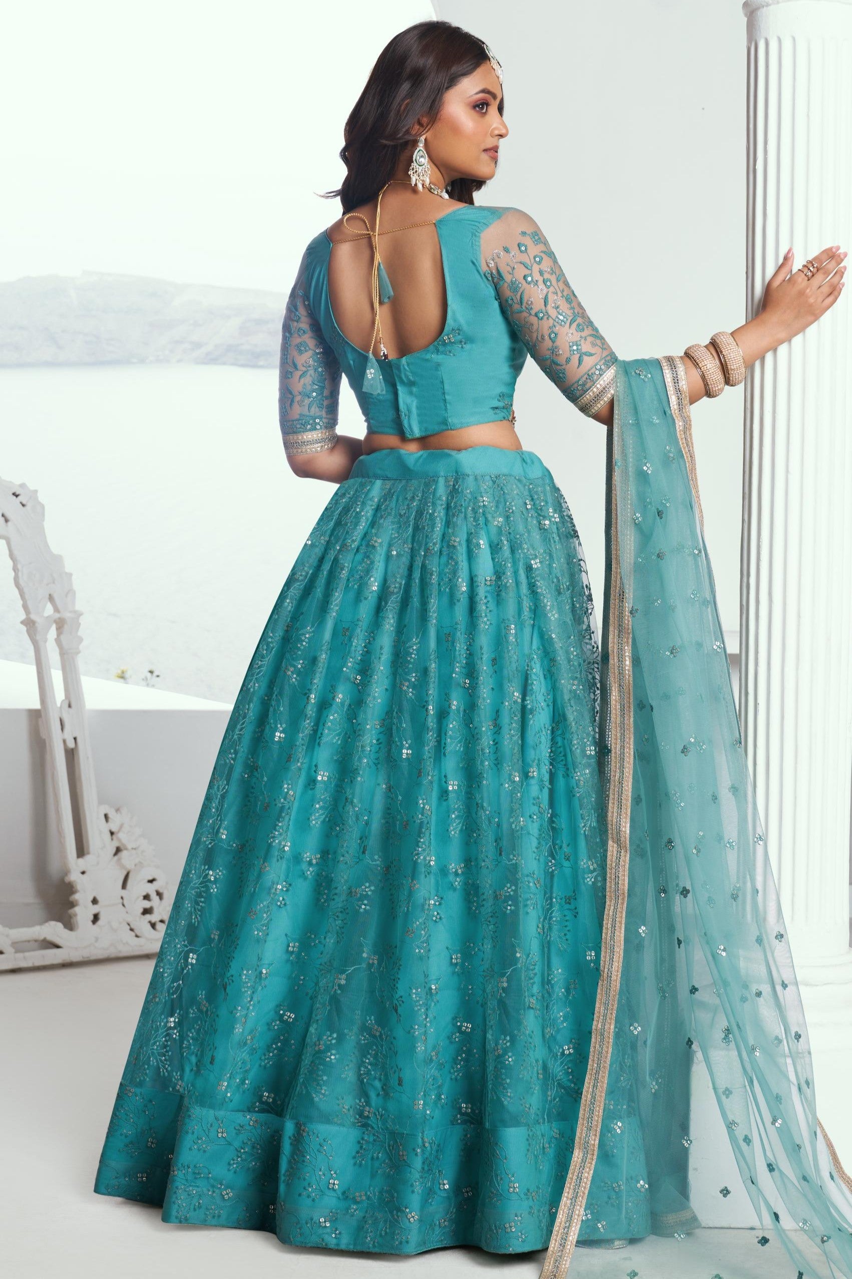 Teal Net Lehenga Choli For Indian & Pakistani Wedding Festival - Sequins & Thread Embroidery Work