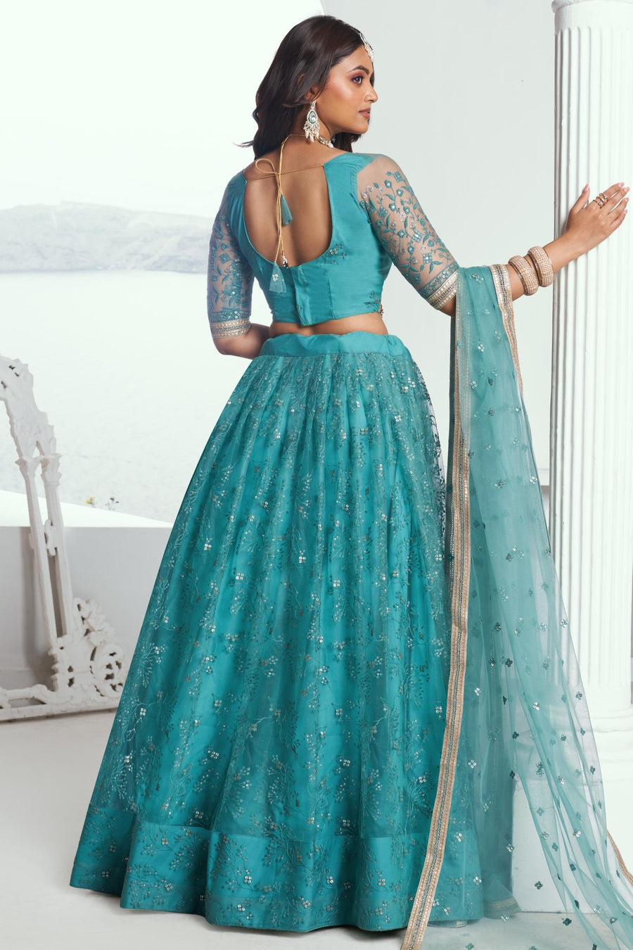 Teal Net Lehenga Choli For Indian & Pakistani Wedding Festival - Sequins & Thread Embroidery Work