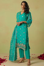Teal Shimmer Organza Kameez with Pant For Ladies Indian Festivals & Weddings - Thread Embroidery Work, Sequence Embroidery Work, Hand Work