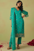 Teal Shimmer Organza Kameez with Pant For Ladies Indian Festivals & Weddings - Thread Embroidery Work, Sequence Embroidery Work, Hand Work
