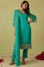 Teal Shimmer Organza Kameez with Pant For Ladies Indian Festivals & Weddings - Thread Embroidery Work, Sequence Embroidery Work, Hand Work