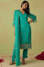 Teal Shimmer Organza Kameez with Pant For Ladies Indian Festivals & Weddings - Thread Embroidery Work, Sequence Embroidery Work, Hand Work