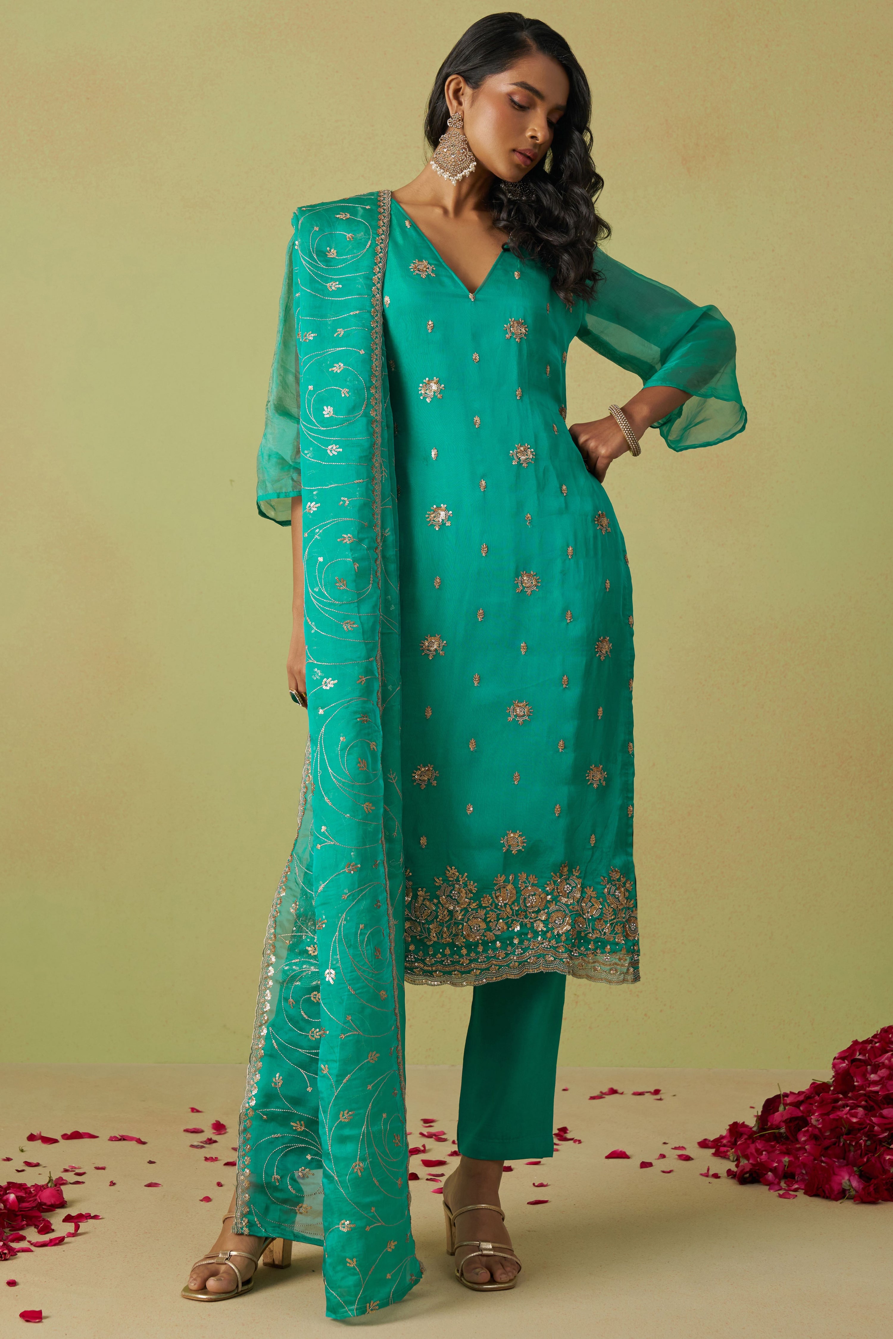 Teal Shimmer Organza Kameez with Pant For Ladies Indian Festivals & Weddings - Thread Embroidery Work, Sequence Embroidery Work, Hand Work