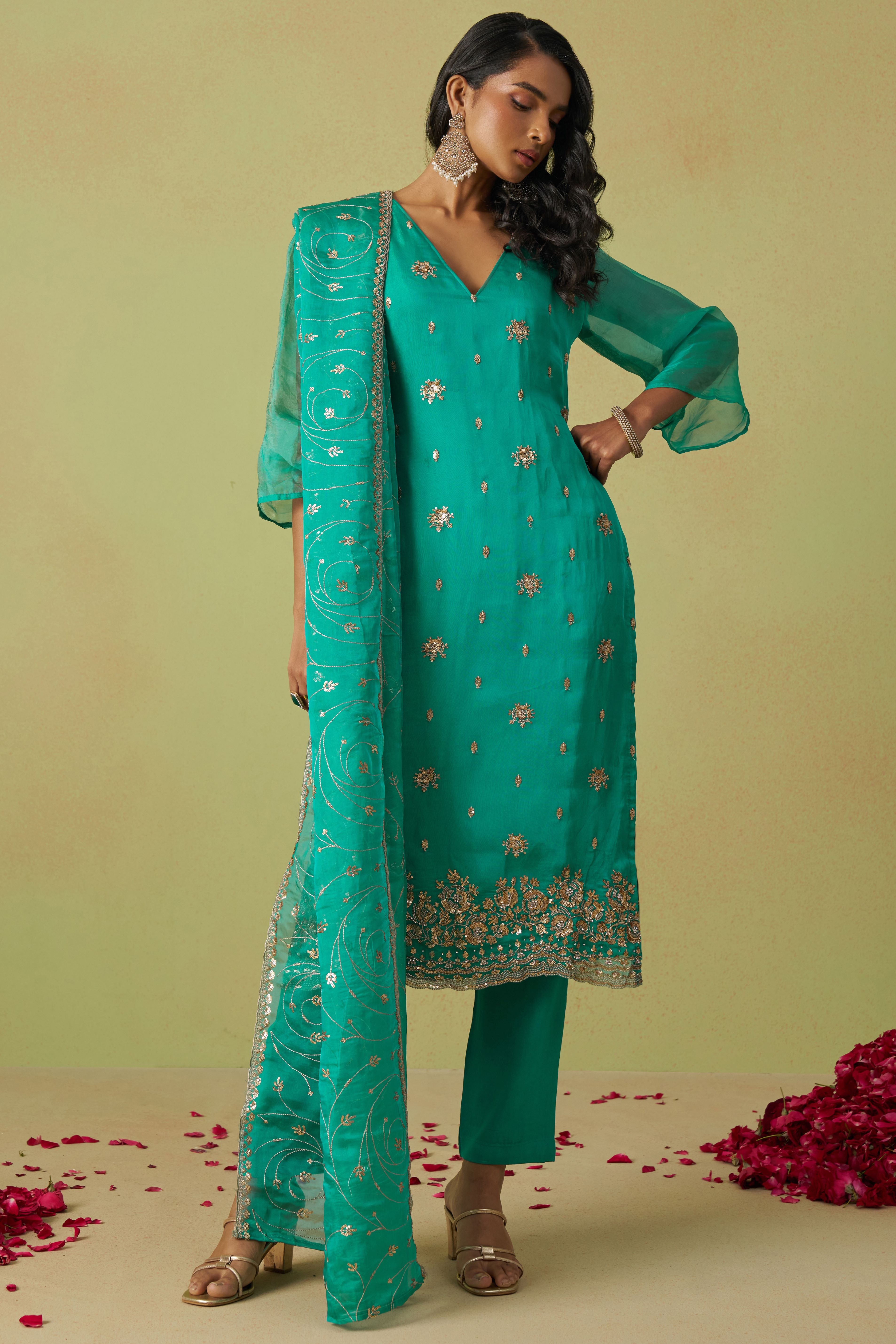 Teal Shimmer Organza Kameez with Pant For Ladies Indian Festivals & Weddings - Thread Embroidery Work, Sequence Embroidery Work, Hand Work