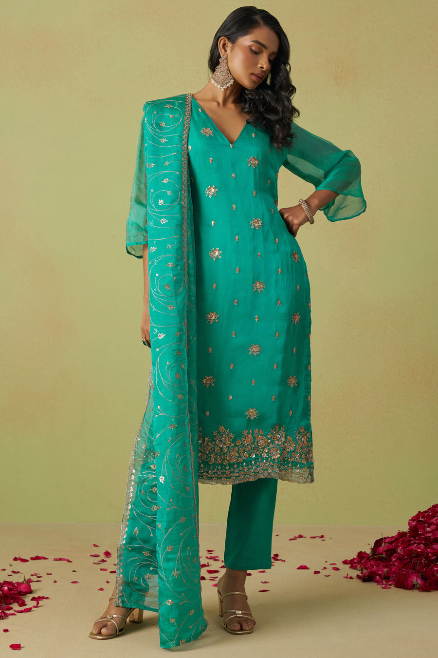 Teal Shimmer Organza Kameez with Pant For Ladies Indian Festivals & Weddings - Thread Embroidery Work, Sequence Embroidery Work, Hand Work