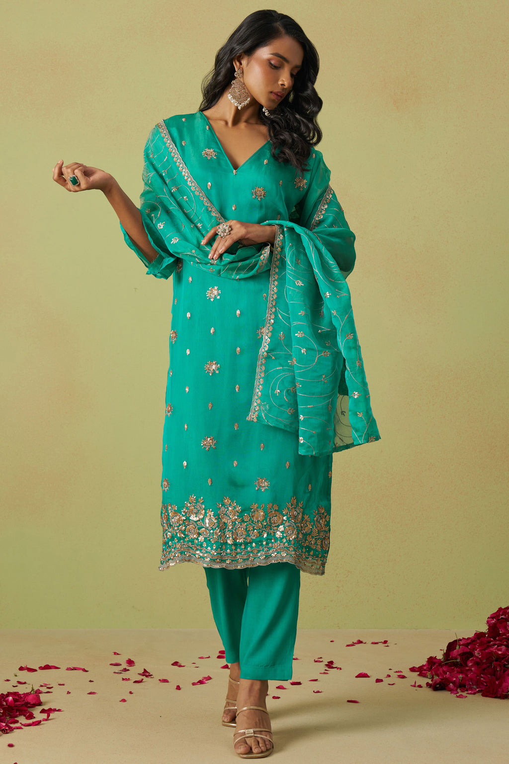 Teal Shimmer Organza Kameez with Pant For Ladies Indian Festivals & Weddings - Thread Embroidery Work, Sequence Embroidery Work, Hand Work