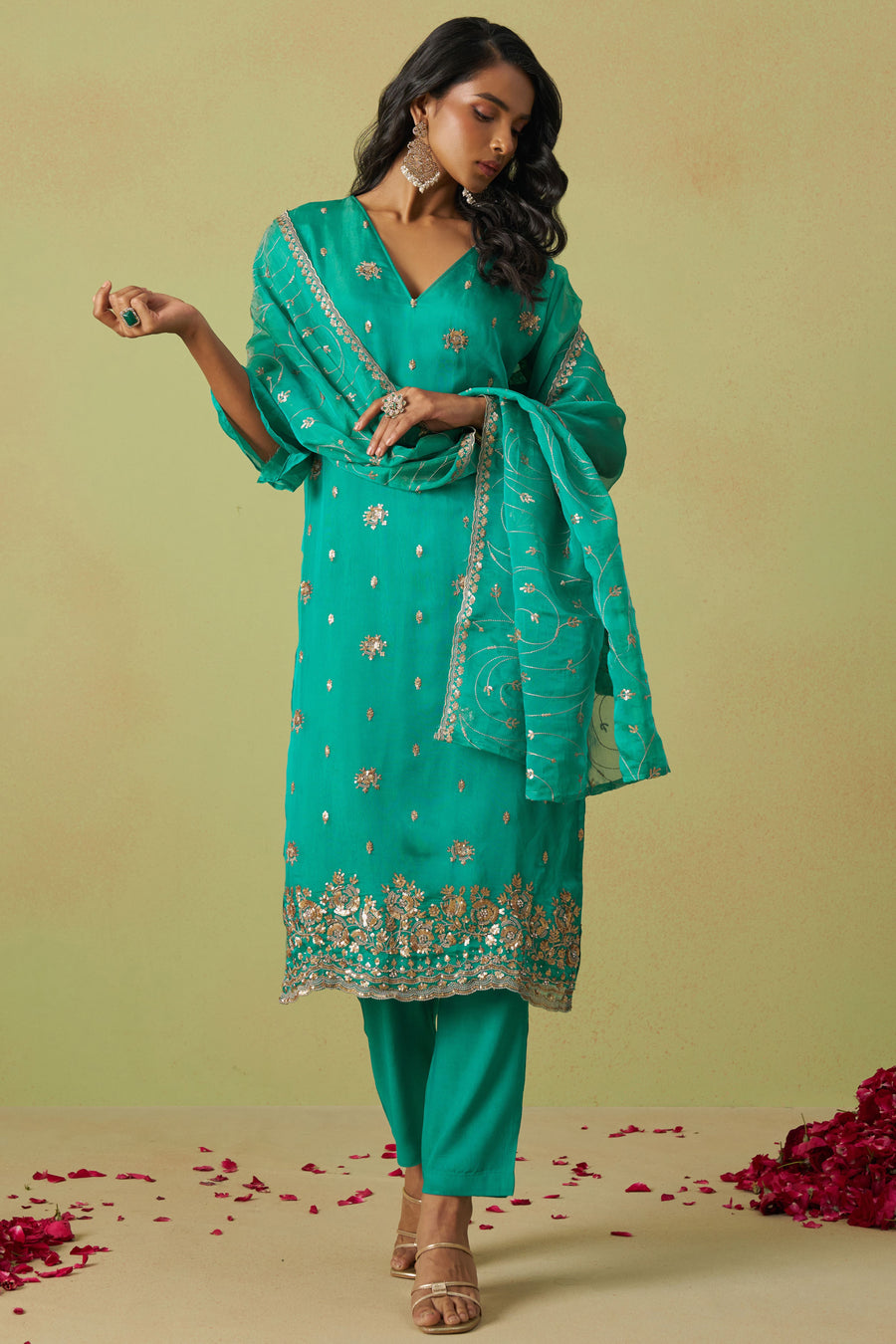 Teal Shimmer Organza Kameez with Pant For Ladies Indian Festivals & Weddings - Thread Embroidery Work, Sequence Embroidery Work, Hand Work