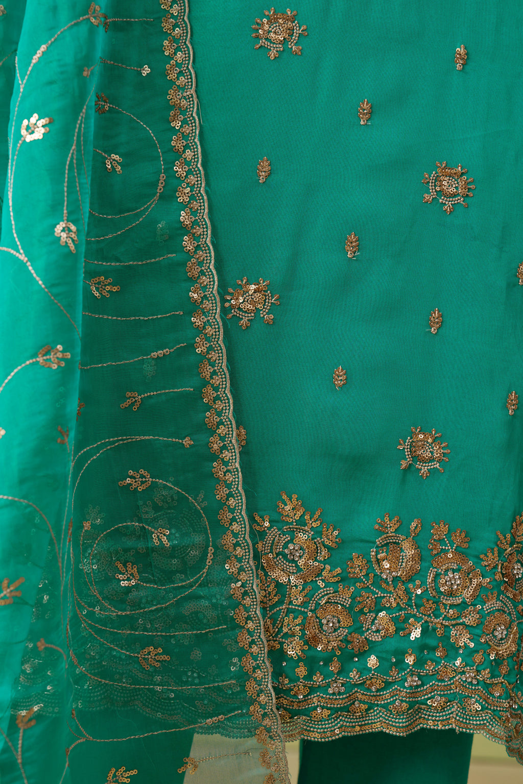 Teal Shimmer Organza Kameez with Pant For Ladies Indian Festivals & Weddings - Thread Embroidery Work, Sequence Embroidery Work, Hand Work